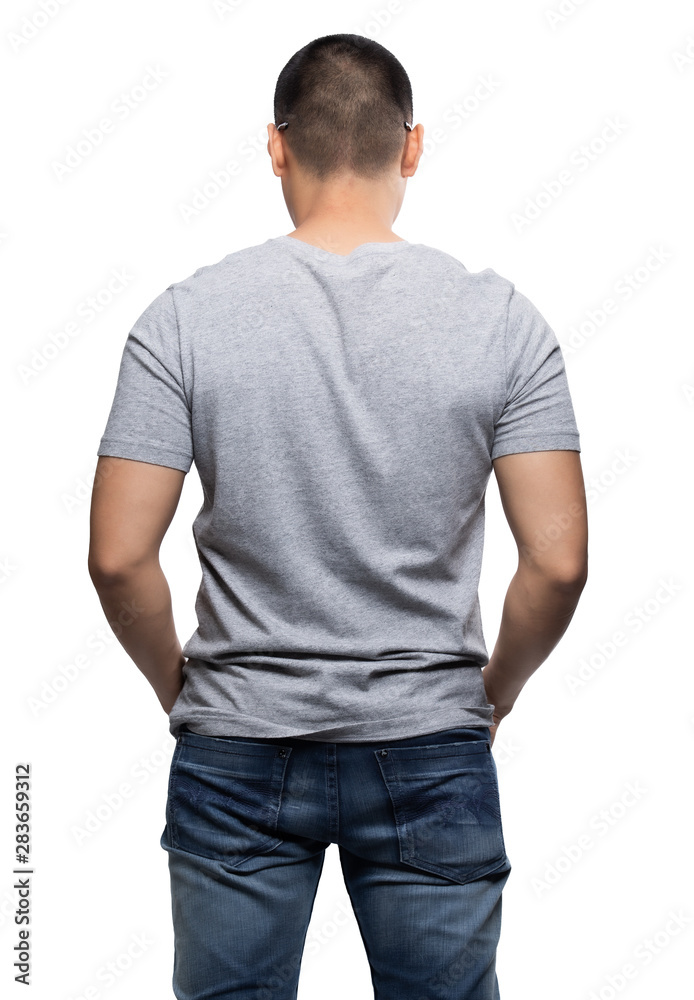 Grey top dry on asian model for v-neck tshirt blank mockup Grey top dry on asian model for v-neck tshirt blank mockup