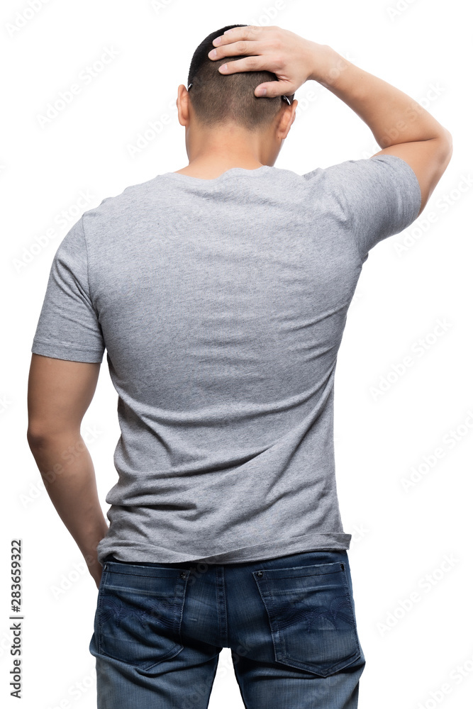 Fototapeta premium Grey top dry on asian model for v-neck tshirt blank mockup