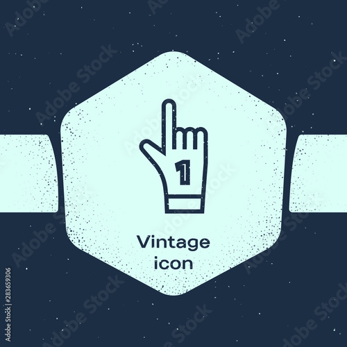 Grunge line Number 1 one fan hand glove with finger raised icon isolated on blue background. Symbol of team support in competitions. Monochrome vintage drawing. Vector Illustration