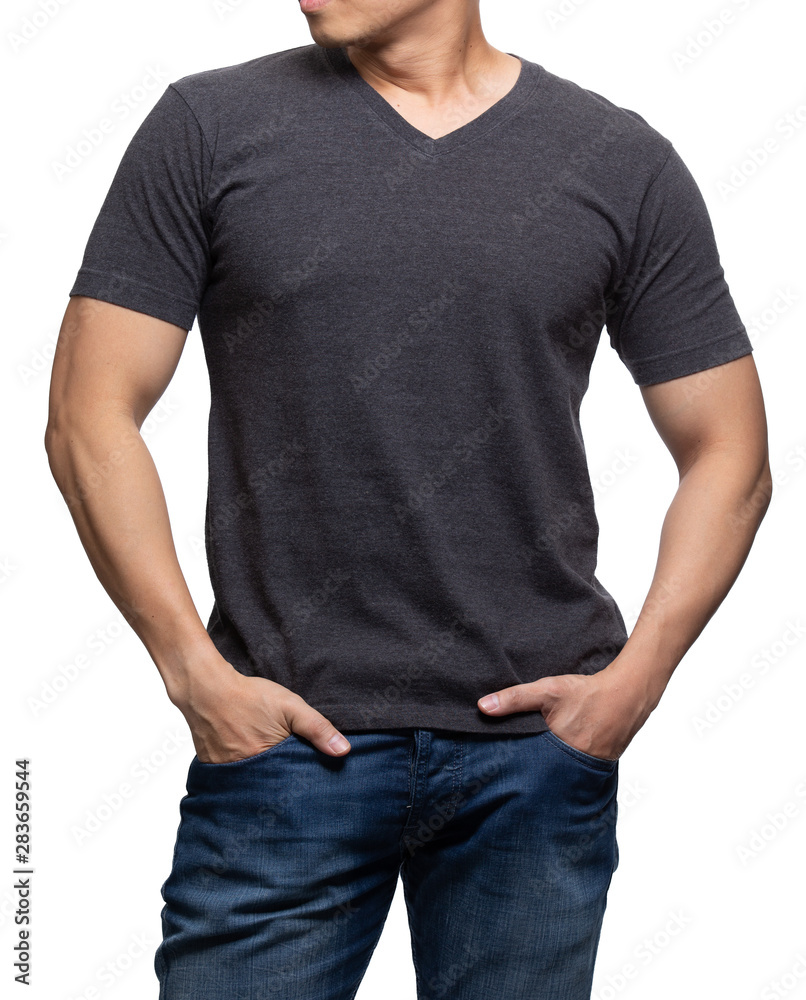 Dark grey on asian model for v-neck tshirt blank mockup template