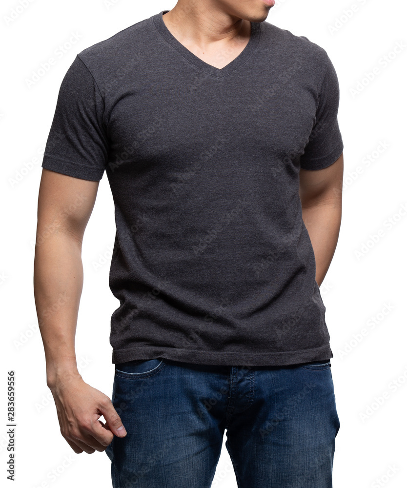 Dark grey on asian model for v-neck tshirt blank mockup template Dark grey on asian model for v-neck tshirt blank mockup template