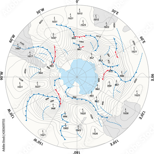 imaginary weather map Antarctica with isobars and weather fronts