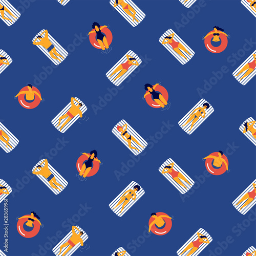 Summer seamless vector pattern. People swimming in the sea. Vector illustration with swimmers. Trendy background. Summer sea vacation.