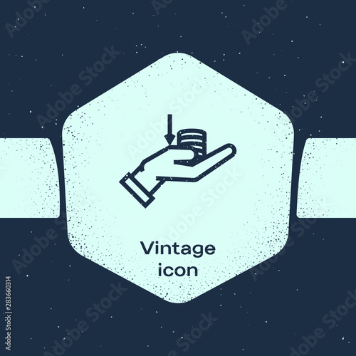 Grunge line Money on hand icon isolated on blue background. Palm holds cash with down. Cash salary decrease. Monochrome vintage drawing. Vector Illustration