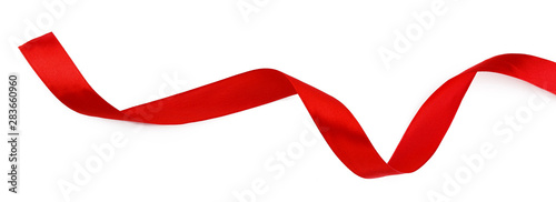 Top view close up of  red ribbon isolated on white background. Flat lay photo