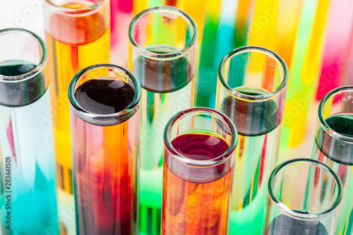 Still life in laboratory. Test tubes with colorful chemicals