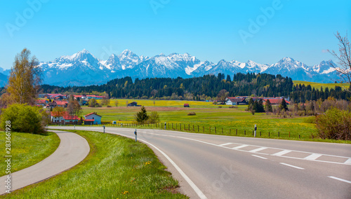 Panoramic view of a picturesque mountain village in Germany - Beautiful mountain landscape in the Bavarian Alps