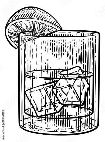 A cocktail drink in a glass with ice and lemon or lime in a retro vintage woodcut engraving or etching style