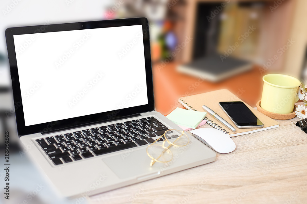 Workspace desk and laptop. copy space and blank screen. Business image, Blank screen laptop and supplies. Workspace desk and laptop. copy space and blank screen. Business image, Blank screen laptop and supplies.