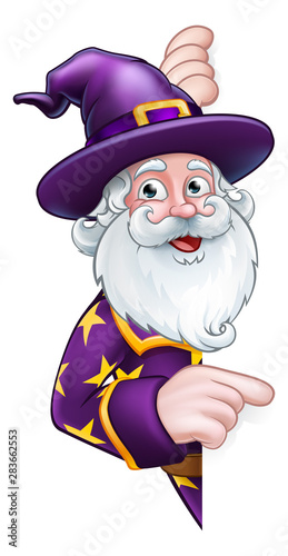 A wizard merlin magician Halloween cartoon character peeping around a sign pointing