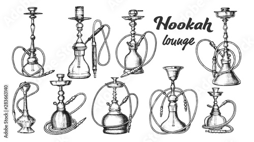 Collection of Different Hookah Set Ink Vector. Arabian Traditional Smoking Culture Hookah Lounge. Oriental Smoke Relaxation Aroma Tobacco Equipment Monochrome Hand Drawn Illustrations