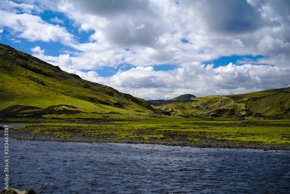 Landscape with Eldgja canyon and spring, south Iceland Landscape with Eldgja canyon and spring, south Iceland