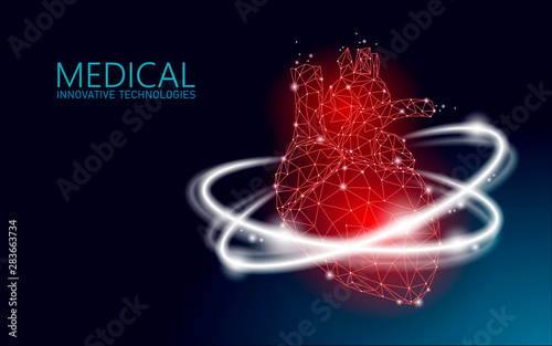 Total healthy heart beats 3d medicine low poly concept. Triangle red pharmacy drugstore background. Glowing arrows modern innovative technology heart recovery reconstruction vector illustration