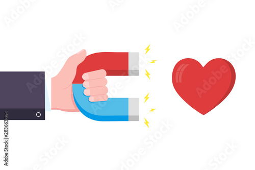 Hand hold red blue horseshoe and  magnet attract heart like icon sign. Magnetism, magnetize field  symbol concept flat style design vector illustration isolated on white background.