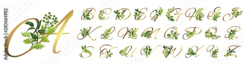 Collection romantic gold letters with drawn watercolor leaves. Elegant alphabet for book design, brand name, wedding invitation thanks card