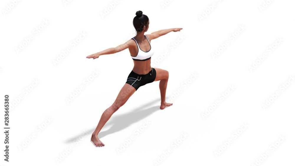 Woman in a Yoga Warrior 2 Pose in Rotation with a White Background Woman in a Yoga Warrior 2 Pose in Rotation with a White Background