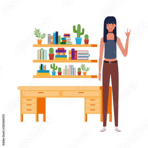 woman standing with bookshelf of wooden and books