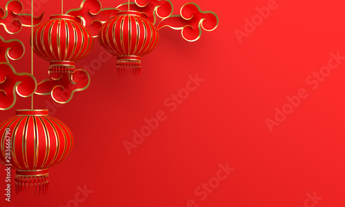 Red and gold traditional Chinese lanterns lampion and paper cut cloud. Design creative concept of chinese festival celebration gong xi fa cai. 3D rendering illustration. photo