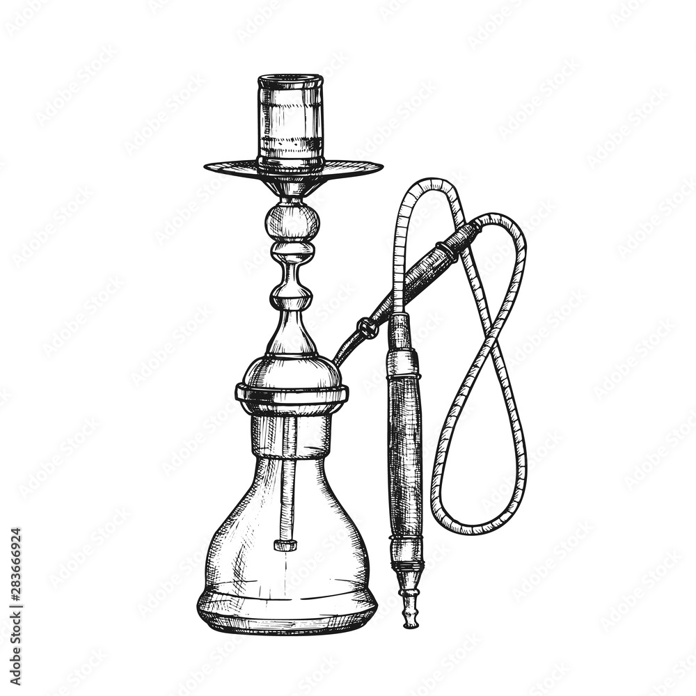 Hookah Lounge Cafe Equipment Hand Drawn Vector. Single Stemmed Hookah Whose Vapor Or Smoke Is Passed Through Water Basin Often Glass Based Inhalation. Monochrome Designed In Retro Style Illustration Hookah Lounge Cafe Equipment Hand Drawn Vector. Single Stemmed Hookah Whose Vapor Or Smoke Is Passed Through Water Basin Often Glass Based Inhalation. Monochrome Designed In Retro Style Illustration