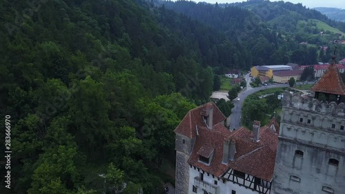 Aerial panorama view of the medieval Bran Castle , Dracula Castle in Brasov, Transylvania. Romania.