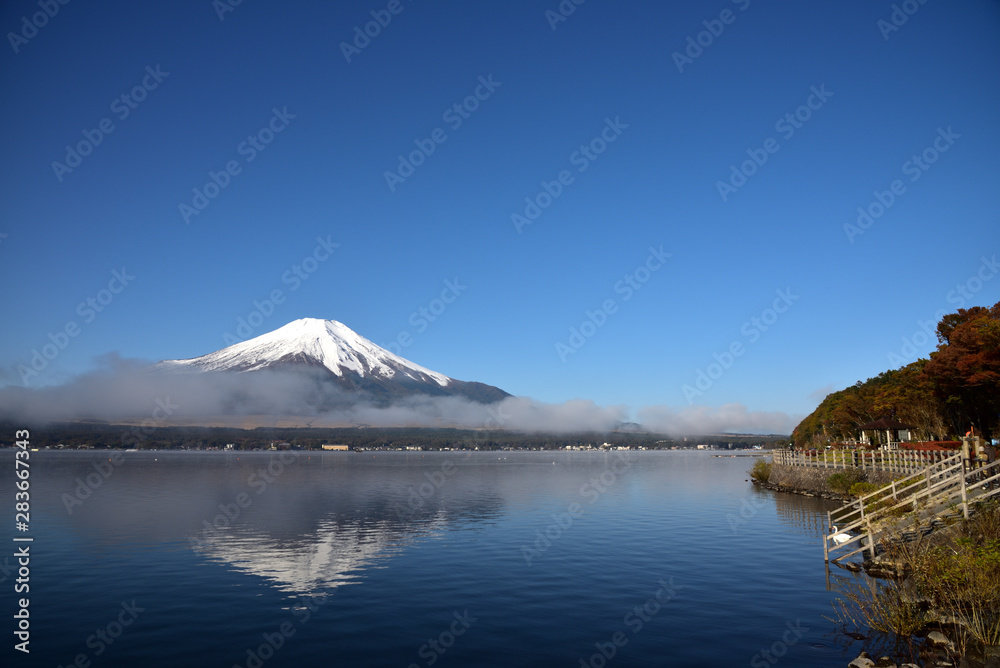 Mt. Fuji and blue sky and lake