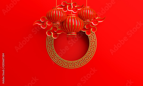 Red and gold traditional Chinese lanterns lampion, round border frame greek key and paper cut cloud. Design creative concept of chinese festival celebration gong xi fa cai. 3D rendering illustration.