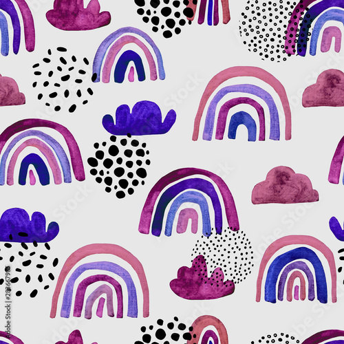 Abstract watercolor seamless pattern with hand painted rainbows, clouds, doodles