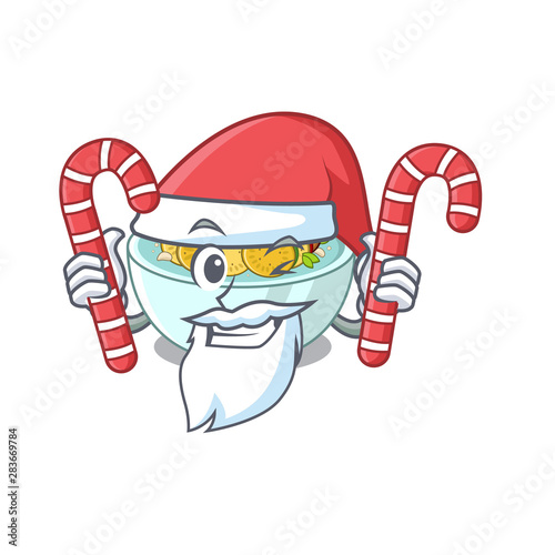 Santa with candy ratatouille on a cartoon wooden table