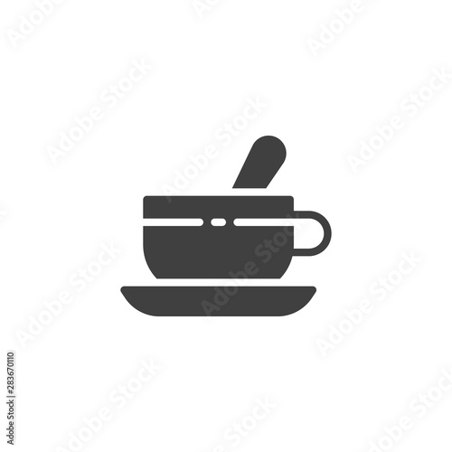 Tea cup with teaspoon and saucer vector icon. filled flat sign for mobile concept and web design. Cup of coffee glyph icon. Symbol, logo illustration. Vector graphics