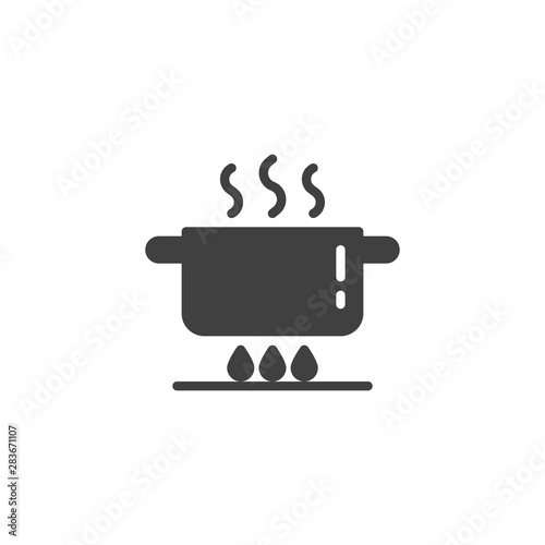 Pan on gas stove vector icon. Cooking instruction filled flat sign for mobile concept and web design. Boiling saucepan on fire glyph icon. Symbol, logo illustration. Vector graphics