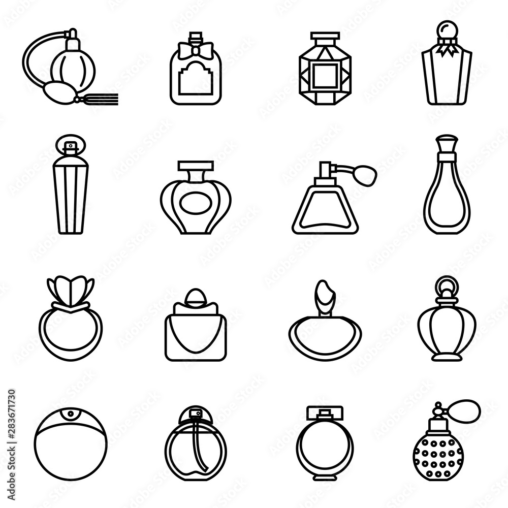 Perfume bottle icon set with white background. Thin Line Style stock vector. - obrazy, fototapety, plakaty 