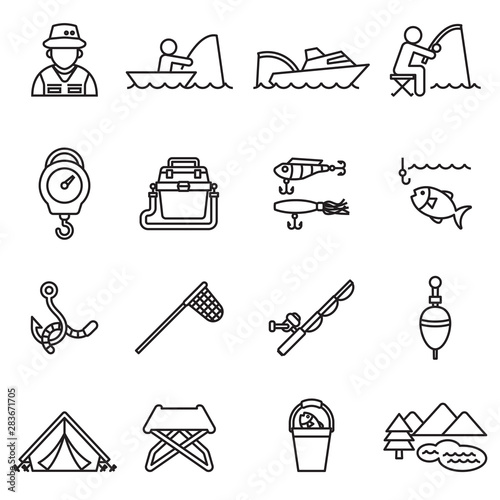 Fishing icon set with white background. Thin line style stock vector.