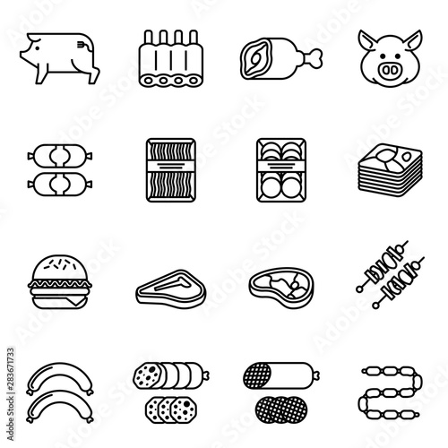 pork and meat products icon set with white background. Thin Line Style stock vector.