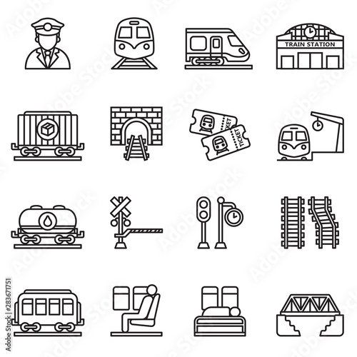 train and railways icon set with white background. Thin line style stock vector. 