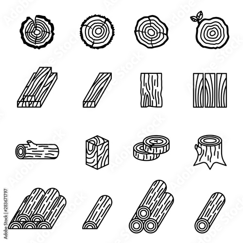 logging and wood icon set with white background. Thin Line Style stock vector.
