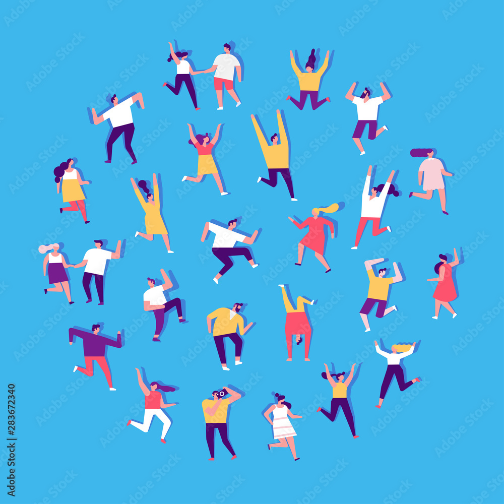 People dancing and have fun. Flat vector character set. Birthday party, student party, celebration, event. Friendship.  Couples. Happy people. Men and women enjoying dance party.	