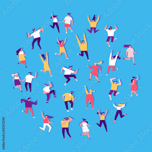 People dancing and have fun. Flat vector character set. Birthday party  student party  celebration  event. Friendship.  Couples. Happy people. Men and women enjoying dance party. 