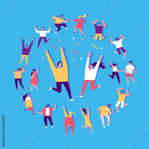 People dancing and have fun. Flat vector character set. Birthday party, student party, celebration, event. Friendship. Couples. Happy people. Men and women enjoying dance party. 