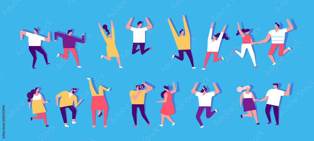 People dancing and have fun. Flat vector character set. Birthday party, student party, celebration, event. Friendship.  Couples. Happy people. Men and women enjoying dance party.	