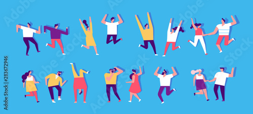 People dancing and have fun. Flat vector character set. Birthday party  student party  celebration  event. Friendship.  Couples. Happy people. Men and women enjoying dance party. 