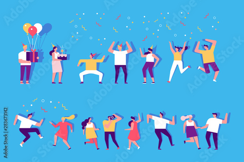 Birthday party, celebration, event. Young People dancing and have fun. Friendship. Couples. Student party. Male and female flat characters isolated on background. 