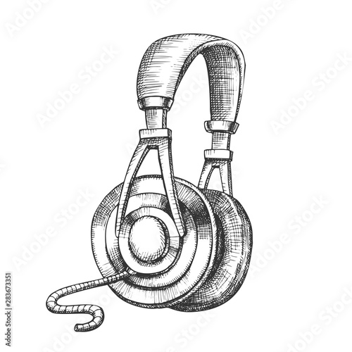 Listening Audio Device Cable Headphones Ink Vector. Electronic Gadget Headphones With Cord For Listen Instrumental Music. Stereo Earphone For Philarmonic Hand Drawn In Vintage Style Illustration