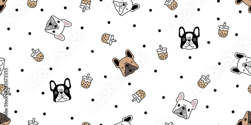 dog seamless pattern french bulldog vector Boba tea bubble milk tea cartoon polka dot scarf isolated repeat wallpaper tile background illustration doodle design
