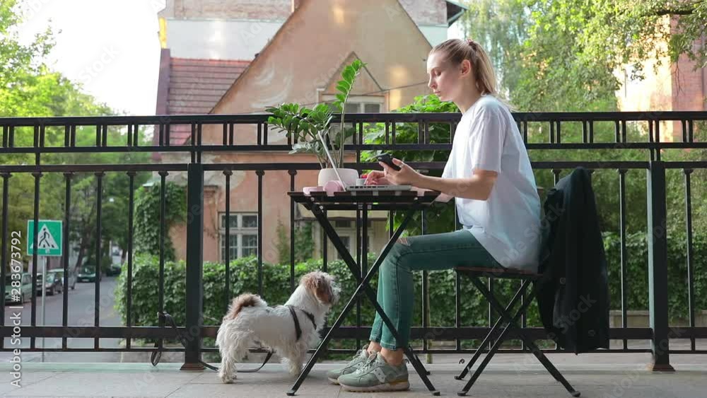 Pretty caucasian girl sitting on terrace use smartphone for social internet media technology outside loft 5g Pretty caucasian girl sitting on terrace use smartphone for social internet media technology outside loft 5g