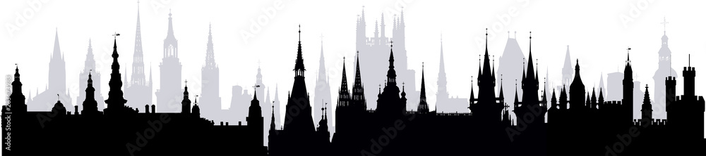 large old castle silhouettes panorama on white