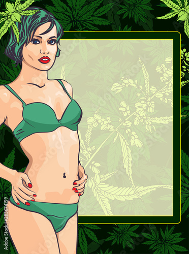 Design vector template with woman and cannabis leafs and frame