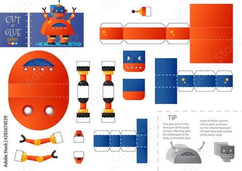 Cut and glue robot toy vector illustration. Paper craft and educational worksheet