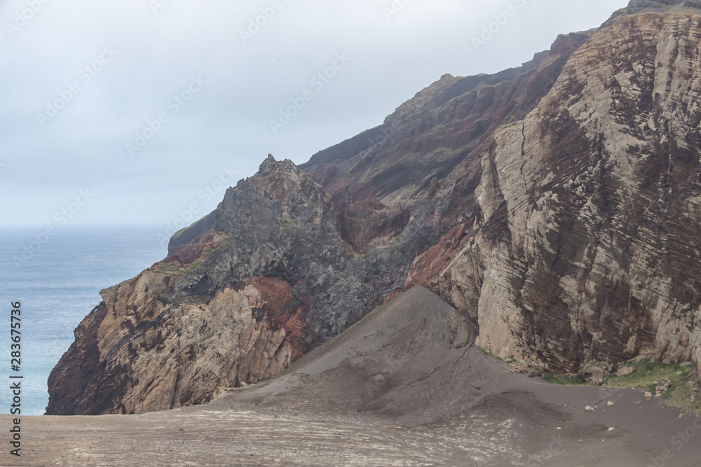 Capelinhos volcano on western coast on Faial island, Azores, Portugal. Last volcano eruption was in 1957.