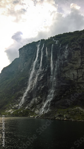panoramic view to Seven Sisters waterfall and Geirangerfjord in Norway