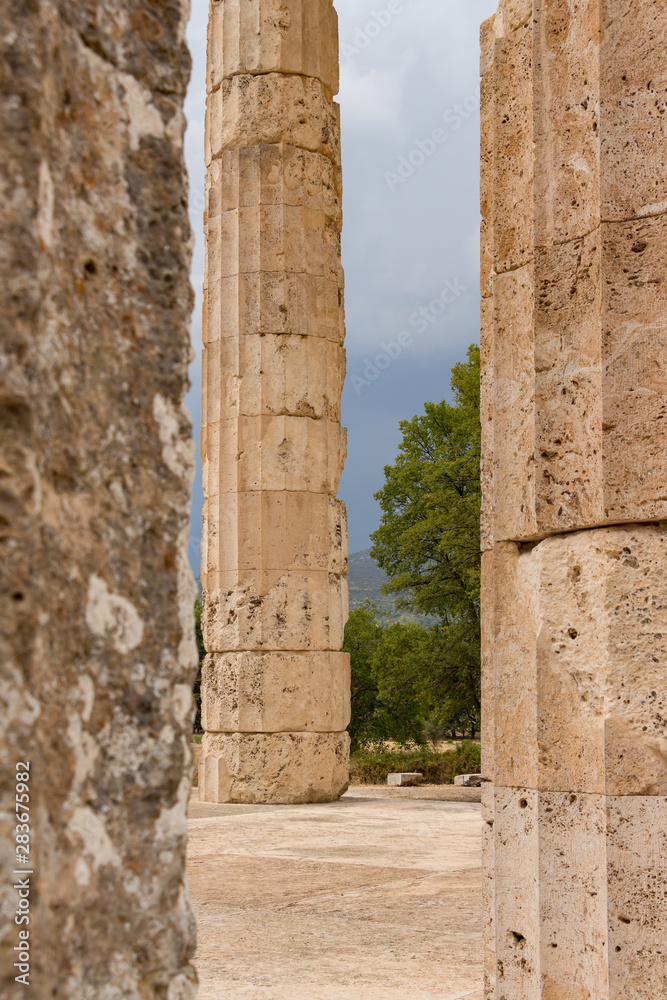 Pillars of the temple of Zeus in the ancient Nemea archeological site, Peloponnese, Greece